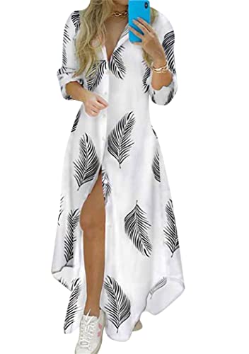 OMZIN Langärmeliges Kleid Zum Knöpfen Mit Seitenschlitz Lange Kimonos Cardigans Cover Ups Strandkleid Blatt XXL von OMZIN