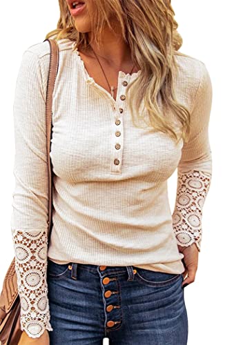 OMZIN Langarm-Henley-Hemden für Damen gerippt geknöpft Freizeitblusen schmale Passform Tunika-Oberteile Beige L von OMZIN