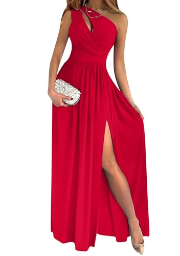 OMZIN Lange Kleider Für Damen Elegantes Kleid Mit Seitenschlitz Ausschnitt Off The Shoulder A-Linie Cocktail Abendkleider Rot S von OMZIN