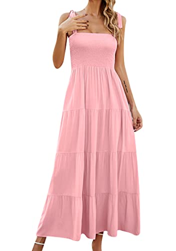 OMZIN Langes Babydoll-Kleid Mit Quadratischem Halsausschnitt Für Frauen Sommer Mit Geraffter Krawatte Und ärmellosen Trägern Lässiges Sonnenkleid Rosa Einfarbig M von OMZIN