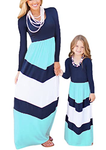 OMZIN Mutter und Tochter Gestreifter Patchwork-Druck Familie passendes Kleid Langarm Eltern-Kind-Strand-Sommerkleid Blau und Weiß M von OMZIN