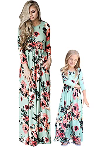 OMZIN Mama und ich Familie Passendes Baumwollkleid Mädchen Geburtstagskleid Blumendruck Langarm Kleider mit Taschen B-Blumen Grün XL… von OMZIN