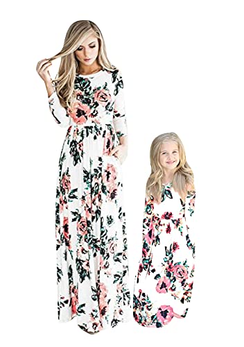 OMZIN Mama und ich Maxikleider Bohemia Outfits mit Tasche Maxi-Outfits Passende Familienoutfits B-Blumen Weiß 9-10 Jahre von OMZIN