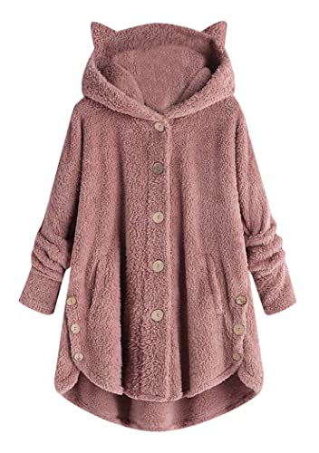 OMZIN Mantel Damen Outwear Frauen plüschjacke Knopf-Mantel Solid Taschen mit Kapuze Pullover lose Strickjacke-Bluse Plus Größe Rosa M von OMZIN