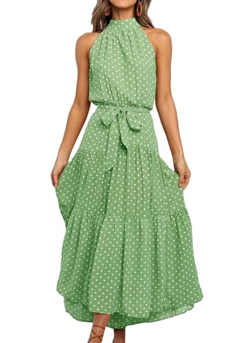 OMZIN Maxi Kleid Für Damen Sommer Neckholder Gürtel Kleider A Line Floral Empire Taille Sundress Grün Dot XS von OMZIN