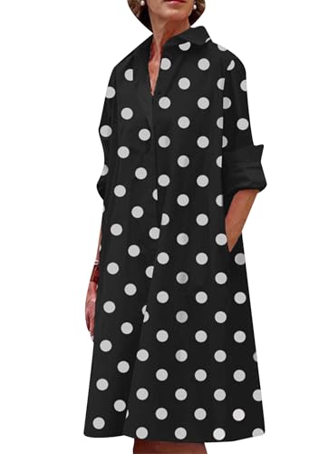 OMZIN Midi Shirt Kleid Für Damen Langarm V-Ausschnitt Casual Farbe Block Button Kleider Polka Dots Schwarz L von OMZIN