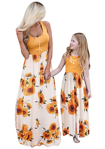OMZIN Mommy and Me Kleid Ostern Floral Bedruckt Familie Matching Kleid ärmellos Rundhalsausschnitt Bohemian Tank Maxi Kleid Gelb Blume 2/3 von OMZIN