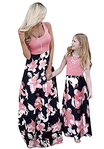 OMZIN Mutter Und Tochter Kleid Ärmellose Maxi Lange Kleider Floral Strandkleid A-Linie Sommerkleid Rote Blume 3XL von OMZIN