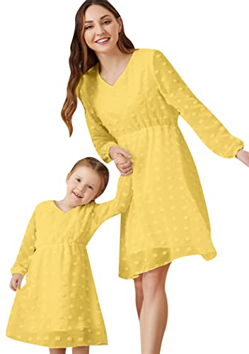 OMZIN Mutter-Tochter-Kleid Lange Laternenärmel V-Ausschnitt Hochtailliertes Kleid Swiss Dot Einfarbiges Midikleid Gelb L von OMZIN