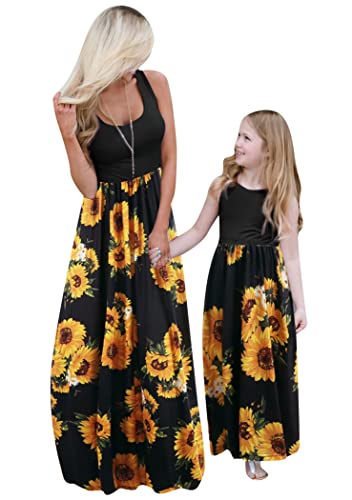 OMZIN Mommy and Me Böhmisches Tank-Kleid Mit Rundhalsausschnitt Und Blumenmuster Passendes ärmelloses Maxi Osterkleid Mit Tasche Sonnenblume 3/4 von OMZIN