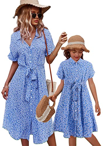 OMZIN Mutter Und Tochter Kleider Reverskragen Gesmokte Muttertag Familie Matching Button Down Short Sleeve Kleid Hellblau 4-5Y von OMZIN