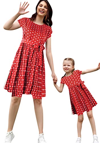 OMZIN Mutter Und Tochter Midikleid Mit Kapuzenärmel Und Tupfen Mommy and Me Kleid Mit Plissiertem Rundhalsausschnitt Rot 2Y von OMZIN