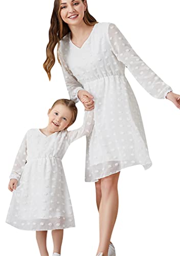 OMZIN Mutter Und Tochter Midikleid Sommer Schweizer Punkt Tunikakleid Chiffon V-Ausschnitt Laterne Langarm Kleid Weiß 8-9Y von OMZIN