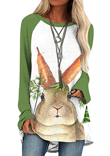 OMZIN Osterhasen Sweatshirt für Damen Lässiger Hasen Häschen Druck Lange Ärmel Loses Sweatshirt Pullover Top Grün Luobo M von OMZIN