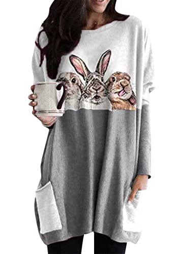 OMZIN Ostern Damen Pullover Sweatshirt Kaninchen Print Rundhalsausschnitt Kaninchen Print Langarm Tasche Top Grau DREI Kaninchen 3XL von OMZIN