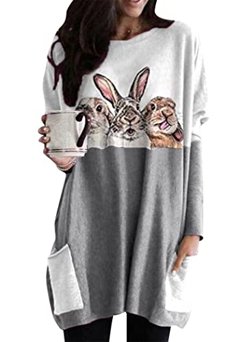 OMZIN Ostern Frühling Cute Bunny Graphic Print T Shirt Damen Casual Rundhals Langarm Sweatshirt Grau DREI Hasen L von OMZIN