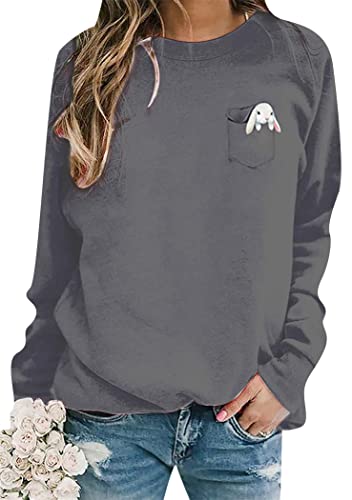 OMZIN Ostern Kaninchen Sweatshirt Für Frauen Rundhalsausschnitt Häschen Grafik Übergröße Langarm Shirt Pullover Dunkelgrau L von OMZIN