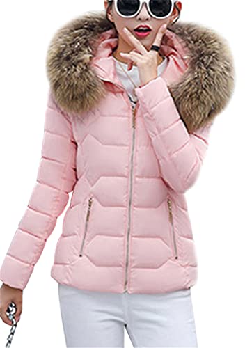 OMZIN Kurze Winterjacke Damen Warme Parka Jacke Mantel Mit Fell Kapuze Gesteppte Jacke Dicke Reißverschluss Daunenjacke Fell Damen Jacken Kurz Rosa M von OMZIN