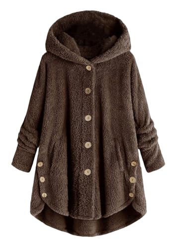 OMZIN Plüschjacke Damen Winter Große Größen Kuschelige Fleecepullover mit Knopfleiste Einfarbig Winter Damen Warm Übergangsjacke Faux Braun L von OMZIN