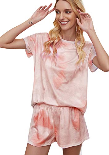 OMZIN Pyjama Damen Sommer Kurz Tie Dye Oberteile Shorts Batik Schlafanzug Nachtwäsche Hausanzug Kurzarm Hose Sleepshirt Zweiteiliger Hellorange M von OMZIN