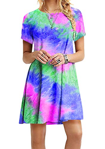 OMZIN Rundkragen Kleid Sommerkleid Blumenmuster Casual Kleid Schulterfrei Shirktleid Sexykleider Minikleider Blau 4XL von OMZIN