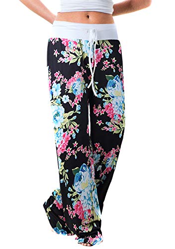 OMZIN Schlafanzughose Damen Pyjamahose Nachtwäsche Hose Freizeithose Jogginghose Weite Bein Hose Lange Hosen Mit Kordelzug Schwarz 3XL von OMZIN