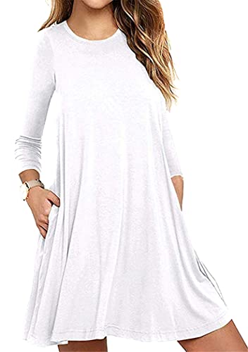 OMZIN Sexy Kleid Damen Sommerkleid für Damen Tshirt Kleid Rundhals Langarm Minikleid Sommer Kleider Langes Shirt Lose Tunika Strandkleid Weiß L von OMZIN