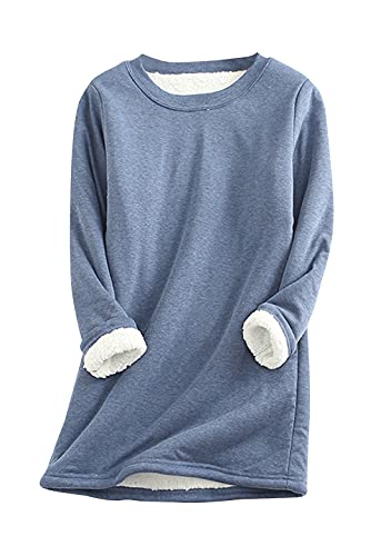 OMZIN Sherpa gefüttertes Sweatshirt für Frauen Winter warme verdickte Pullover Jumper Schlichtes festes Sweatshirt Nette Mädchen Schule beiläufige Oberteile Blau XXL von OMZIN