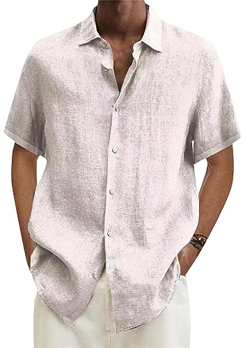 OMZIN Sommer Casual Baumwolle Leinen Reverskragen Tops Button Down Kurzarm Einfarbig Hemden Weiß XL von OMZIN