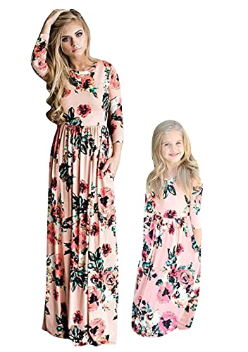 OMZIN Sommer Familie Passende Kleidung Lässige Blumen Maxi Kleider Baumwolle Mutter Tochter Kleider Vintage Retro Kleid B-Blumen Rosa S von OMZIN