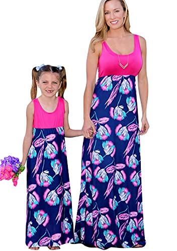 OMZIN Sommer Mode Maxi Kleid Lässig Familie Kleidung Mädchen Kleid Mutter Und Tochter Boho ärmellos Splice Strandkleid Rose Dandelion 7-8 Jahre von OMZIN