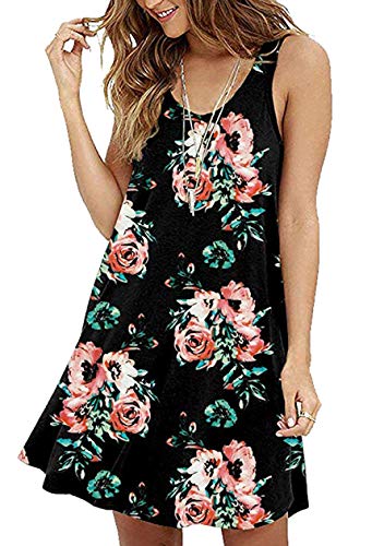 OMZIN Sommerkleid Damen Casual Lose Kurzarm T-Shirt Kleider Elegant Boho Blumen Strand Kleider Gedrucktes Kleid A-Linie Tanktops Trägerkleid Ärmellos Schwarz/Rot Blume XXL von OMZIN