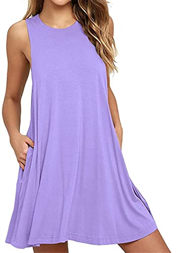 OMZIN Sommerkleid Damen Casual Vintage Ärmellos T-Shirt Kleid Kurzen Blumen Bedrucktes Strandkleider mit Taschen Hellviolett M von OMZIN