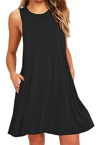 OMZIN Sommerkleid Damen Elegant Casual Kurzarm Einfarbig Rundhals Kurze Kleider Strandkleid Minikleider Schwarz XXXL von OMZIN