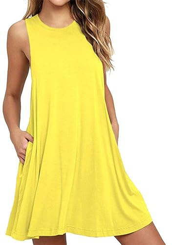 OMZIN Damen Casual Kleid Baumwolle Tunika Shirt Kleid für Damen Basic Solid Sleevesless Loose Top Strandkleid Gelb XXL von OMZIN