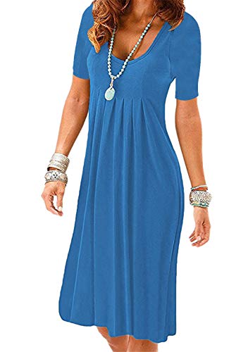 OMZIN Damen Vintage Sommerkleid Rundhalsausschnitt Kurze Ärmel Knielang Kurzes Kleid Baumwolle Leicht A-Linie Lässig Kleider Blau M von OMZIN