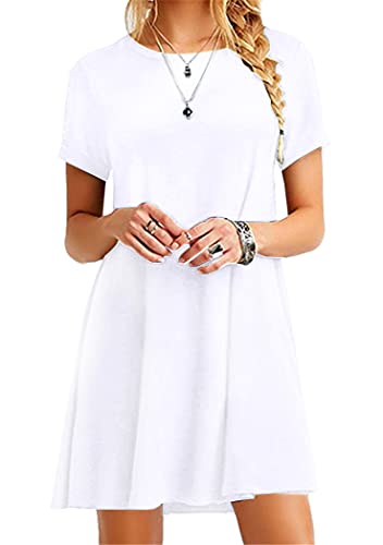 OMZIN Damen Shirt Kleid Kurzarm Mini Sommerkleid Rundhals Tunika Kleid Casual Mini Shirt Kleid Weiß S von OMZIN