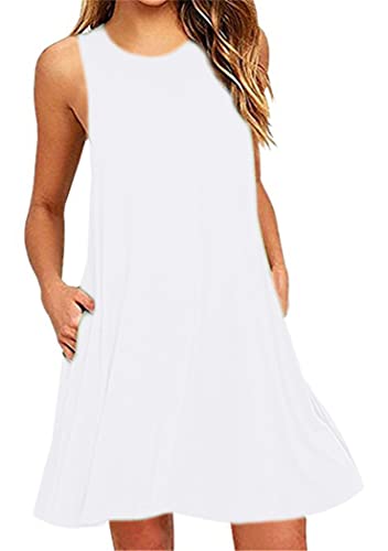 OMZIN Sommerkleider Damen Ärmellos Rundhals Strandkleider Shirtkleid Übergröße Weiß XXL von OMZIN