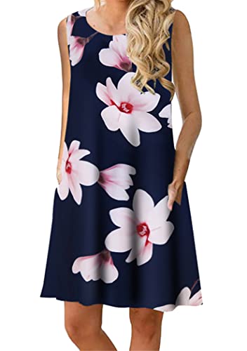 OMZIN Sommerkleider Damen Casual Ärmellos Rundhals Strandkleider Blumen Bedrucktes Trägerkleid Kurz Kleider mit Taschen Blauer Lotus L von OMZIN