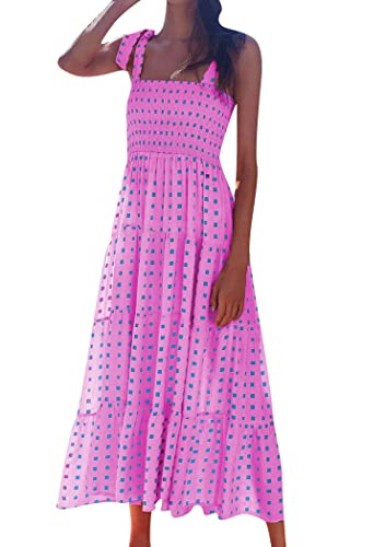 OMZIN Spaghetti-träger-Kleid Für Frauen Sommer Quadratischer Hals Sundress Gerafftes ärmelloses Smocked Sundress Quadratisch Rosa L von OMZIN