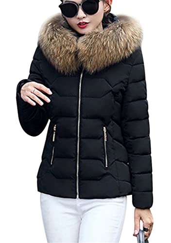 OMZIN Steppjacke Damen mit Fellkapuze Daunenjacke Warm Wintermantel mit Taschen Mantel Damen Übergangsjacke Schwarz XL von OMZIN