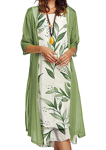 OMZIN Strickjacke Und Maxikleid Für Frauen 3/4 Ärmel Lange Chiffonjacke Und Geblümtes Maxitankkleid Hochzeitsgast 2er Set Hellgrün XL von OMZIN