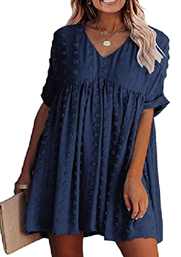 OMZIN Swiss Dot Kleid Für Damen Casual V-Ausschnitt Chiffon Kurzer Rüschenärmel Lose Babydoll Mini Kleid Marineblau M von OMZIN