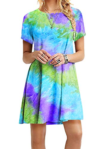 OMZIN T Shirt Kleid Damen Shirtkleider Rundhals Kurzarm Sommerkleid Casual Lose Kleid Große Größe für Damen Himmel Blau L von OMZIN