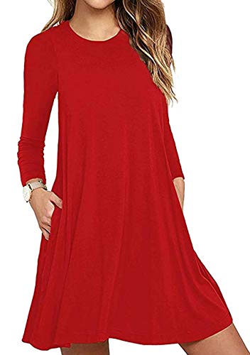 OMZIN Tshirt Kleid Casual A-Linie Skaterkleid Blumenkleid Einfaches Minikleid Kleider Damen Lose Rundhals Langarm Freizeit mit Taschen Rot XXL von OMZIN