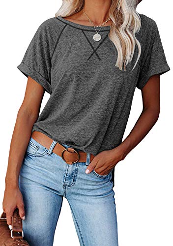 OMZIN Tuniken T-Shirt Damen Sommer Casual Bluse Tops Kurzarm und Langarmshirt Oberteil Hellgrau L von OMZIN