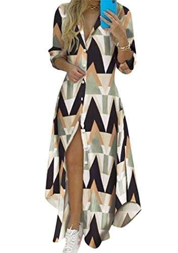 OMZIN Unregelmäßiges Geteiltes Für Frauen Mit Langen Ärmeln Und übergroßer Tunika Hemdblusenkleider Mit Floralem Revers Maxikleid Dreieck XL von OMZIN