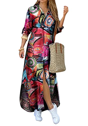 OMZIN Damen Denim Shirt Kleider Sommer Reverskragen 3/4 Ärmel Lose Lang Maxi Kleid Sundress Graffiti Rot S von OMZIN