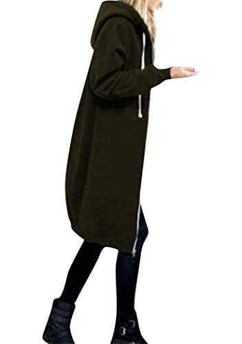 OMZIN Warme Frühlingjacke für Damen Lange Frühlingjacke mit Kapuzenpulloverjacke Einfach und Modisch Langarm Hoodie Outwear Kapuzenpullover Armeegrün XL von OMZIN