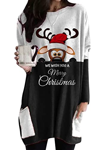 OMZIN Frauen Weihnachten Long Sweatshirt Pullover Damen Langarm Plain Pullover Kleider Loose Xmas Funny Print Long Tshirt Black Deer L von OMZIN